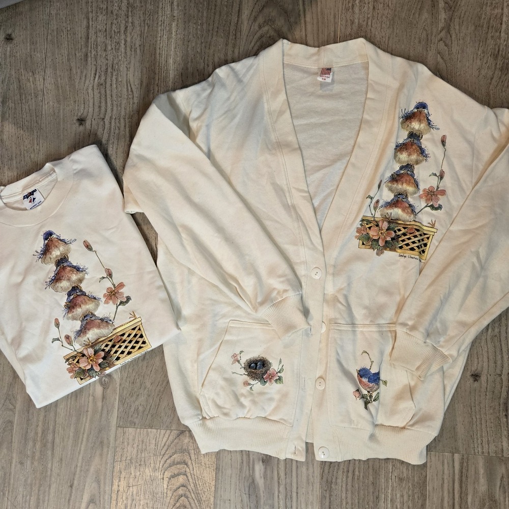 Vtg Carolyn Shores Wright Cardigan Shirt Set Cottagecore L Blue Bird USA Grandma